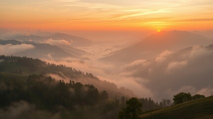 Fototapeta premium Stunning Sunrise Mountain Landscape with Foggy Valley