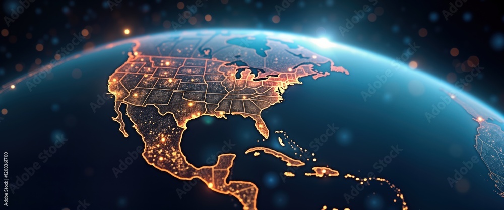 Poster global digital map displays america as central hub. tech glowing data points show connections. inter