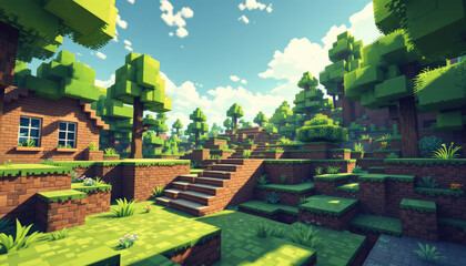 A pixel art representation of a forest, featuring a variety of trees, plants, and a brick structure. Pixel art background, pixel art wallpaper