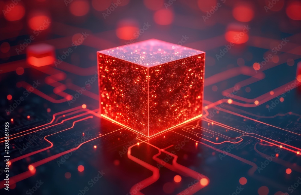 Poster red glowing cube displays dynamic digital network connections. abstract tech image. data storage sys