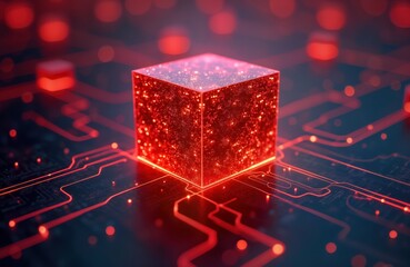 Red glowing cube displays dynamic digital network connections. Abstract tech image. Data storage system representation. Futuristic design. Glowing lights, connections suggest innovation. Modern