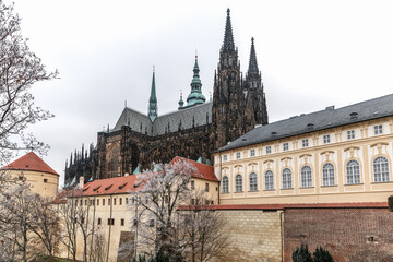Historical Gothic Medieval Prague castle and church complex, St. Vitus Cathedral, Charles Bridge,...