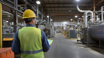 Supervisor wearing a hardhat and high visibility vest, using a tablet to inspect industrial equipment within a factory, ensuring safety and quality in the manufacturing process