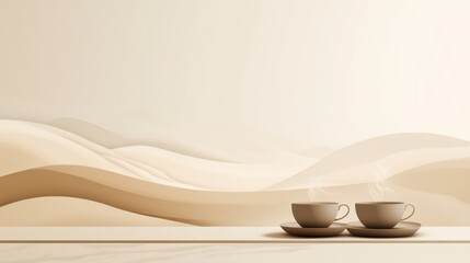 Two steaming coffee cups in minimalist warm beige desert-inspired setting