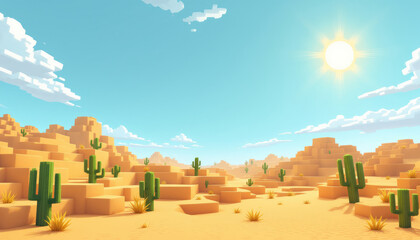 A 3D rendering of a desert scene, featuring a bright sun, cacti, and a clear blue sky. Pixel art background, pixel art wallpaper