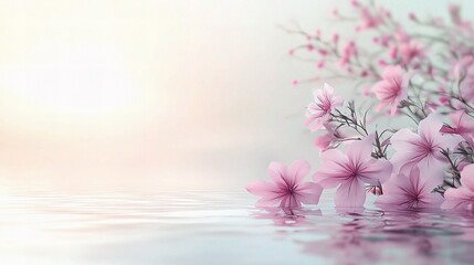 Beautiful Pink Flowers Reflected in Calm Water with Gradient Background