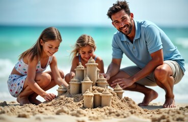 Happy family builds sandcastle on beach. Father, two young daughters spend time together on vacation. Create beautiful sandcastle in golden sand at seaside. Sunny day at tropical shore. Ocean in