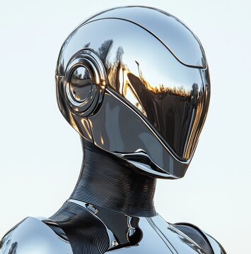 Chrome woman melts a metal head, creating an amorphic humanoid cyborg robot. This cyberpunk and darksynth wallpaper showcases a futuristic stock concept with a modern fashion vibe