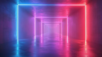 Futuristic neon lights in a dark corridor.