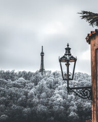 Winter season in Prague Historical Gothic Medieval castle and church complex, St. Vitus Cathedral, Charles Bridge, astronomical clock, Basilica of St. George, Unesco city tourism, snow effect