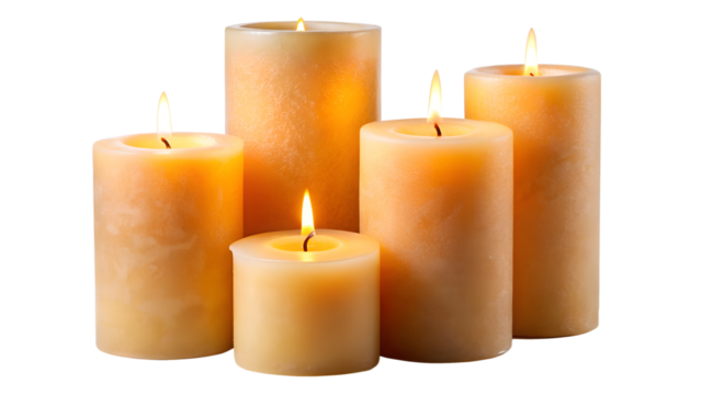 three burning candles on black background