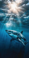 Fototapeta premium Majestic Great White Shark Underwater Sunlight Scene