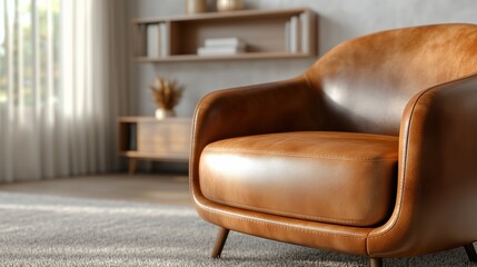 Elegant mid-century modern leather armchair in cozy living room setting
