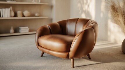 Modern brown leather armchair in minimalist living room setting with soft lighting