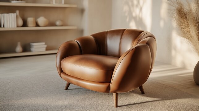 Modern brown leather armchair in minimalist living room setting with soft lighting