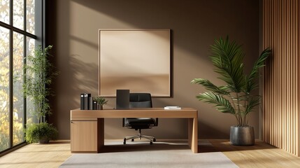 Modern office interior with wooden desk, minimalist style, and lush greenery during daylight hours. Mocha Mousse trend color 2025