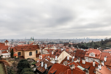 Panoramic view on Prague Historical Gothic Medieval castle and church complex, St. Vitus Cathedral, Charles Bridge, astronomical clock, Basilica of St. George, Unesco city tourism