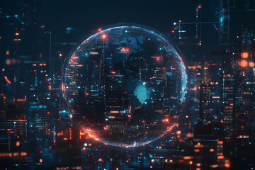 Obraz premium Futuristic Digital Dashboard Overlay on Smart City Skyline Showcasing Data Visualization, Urban Innovation, and Global Technology