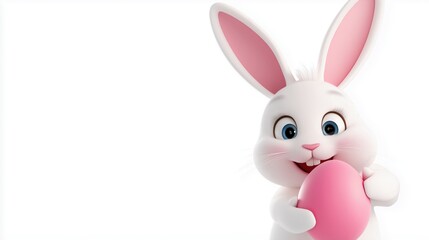 Obraz premium A cheerful white bunny holds a brightly colored Easter egg, its playful smile inviting joy and celebration, with ample copy space on the white background for your message. 