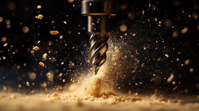 A sharp drill bit spins rapidly, driving into the wood as fine sawdust flies outward in a golden arc.