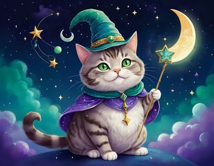 Enchanted Tabby Cat: Whimsical Night Scene with Magical Wand