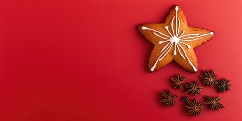 A star shaped cookie with star anise on a bright red background, great for holiday or special occasion images