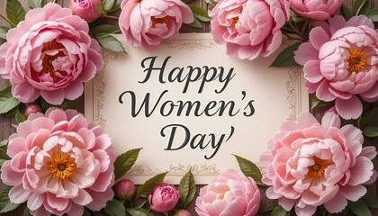 Happy Women's Day greeting framed with beautiful peony flowers and elegant script