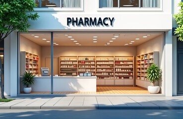 Modern pharmacy building facade displays interior with large windows. Well-lit shop interior shelves with products. Attractive, inviting design promotes accessibility for customers. Facade promotes