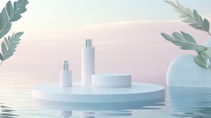 Serene sunset, minimalist cosmetic display, water reflection, mockup