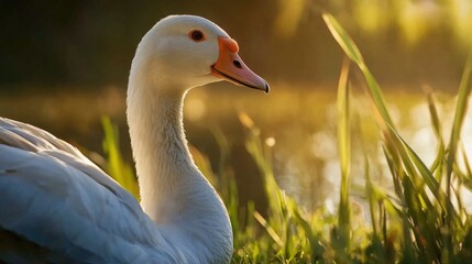 Obraz premium A white duck with an orange beak sits peacefully in green grass, possibly on a farm or in a park