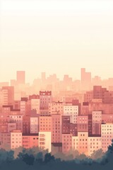 Naklejka premium Sunset over city skyline with pastel colors and urban landscape silhouettes