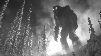 "Cinematic Shot of a Wendigo Amidst a Burning Forest in Monochrome Palette"

