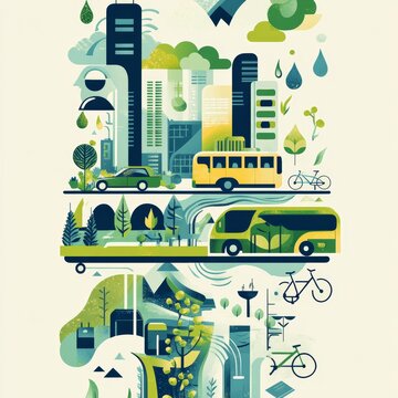 Vertical A4 format, Green development theme poster, vector illustration, bold lines and soild colors, low-carbon travel, bicycles, buses, green energy cars, low carbon life, water droplets, batteries,