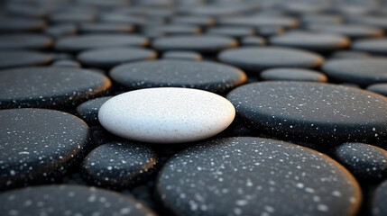 A white stone rests on a smooth black surface creating a visual contrast symbolizing balance and harmony in a modern, minimalistic space with a blurred, empty background for focus

