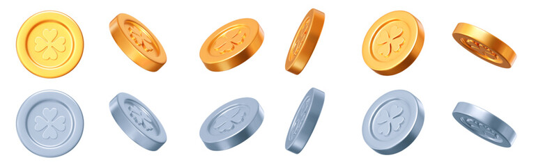 3d golden and silver coins set with clover leaves pattern in different angles. St. Patrick's Day shiny element. Stock vector illustration on white isolated background.
