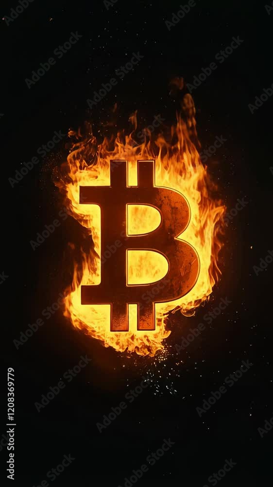 Aufkleber bitcoin cryptocurrency symbol burning in flames on a black background representing the volatility an