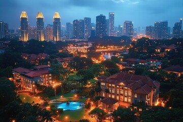 Obraz premium Urban landscape from above, lit up at night