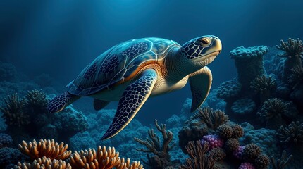 Fototapeta premium Majestic Sea Turtle Swimming in Vibrant Coral Reef