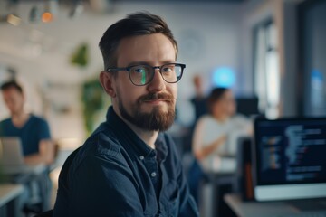 Obraz premium Portrait of adult bearded man as IT developer wearing glasses sitting by desk in modern office and looking at camera with people working in blurred background copy space
