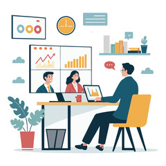 Set Flat Vector Illustration Design Style Concept. Business Cartoon Character Design. Teamwork and Online Video Conference Meeting. Data Analytics. Finance Investment