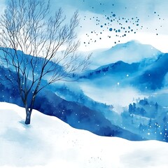 Winter Landscape Watercolor Painting of a Snowy Mountain Range