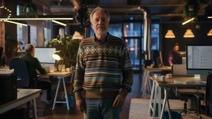 Obraz premium Front view portrait of senior man with white hair wearing sweater and looking at camera while walking towards camera in IT development office at night lit by low lighting copy space 