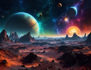 Alien Planet Landscape: Vibrant Nebula, Majestic Mountains, and Celestial Bodies