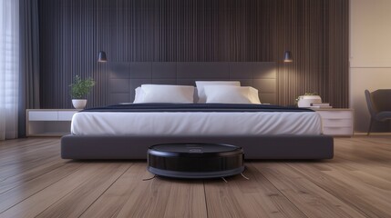 A robotic vacuum glides quietly beneath the bed, its sensors scanning the wooden floor in a minimalist bedroom with soft white and gray accents.
