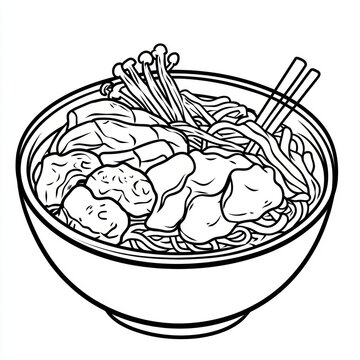recommend clip art: Bowl of noodles with mushrooms, veggies, and chopsticks, food illustration