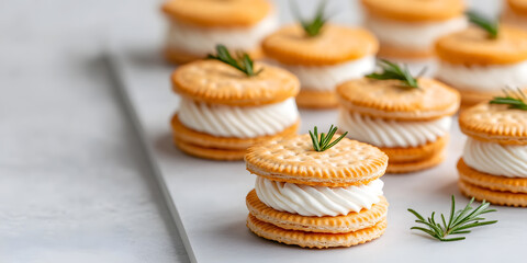 Delicious cream-filled biscuits, perfect for a party or snack.  Garnished with fresh herbs.
