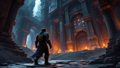 Fototapeta premium A digital art piece featuring a knight in armor standing in front of a grand, ornate building with a clock and a large archway. Pixel art background, pixel art wallpaper