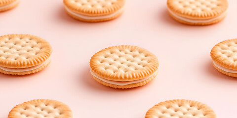 Cream-filled sandwich cookies arranged on a pink background. A delicious and aesthetically pleasing food image.