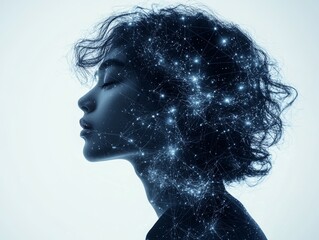 A double exposure photo combining a person with molecular structures, symbolizing the convergence of human knowledge and science. The design focuses on innovation and connectivity