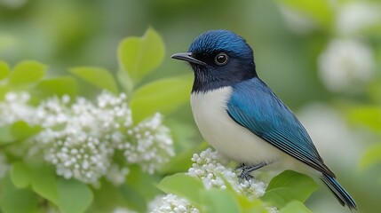 Obraz premium Blue and white bird perched on flowering branch
